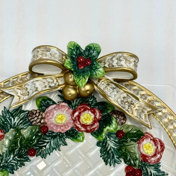 Fitz and Floyd Classics Christmas Raised Ribbon Wreath Canape Plate Red Vintage - Picture 2 of 15